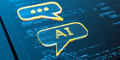 Digital chat bubbles representing AI on a screen.