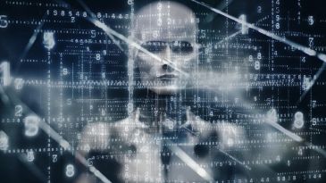 Futuristic robot with digital data overlay.