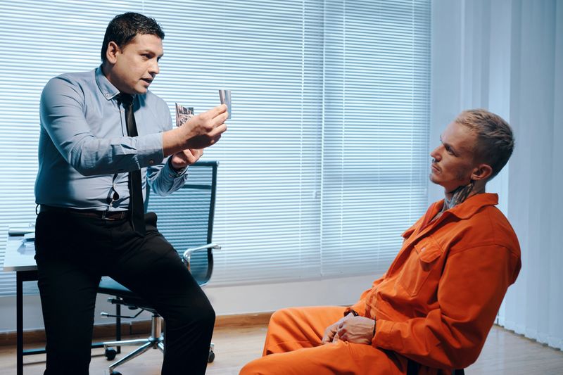 Detective interrogating prisoner, showing him photos from crime scene