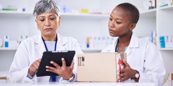 Two female pharmacists discussing a medicine package in a pharmacy.
