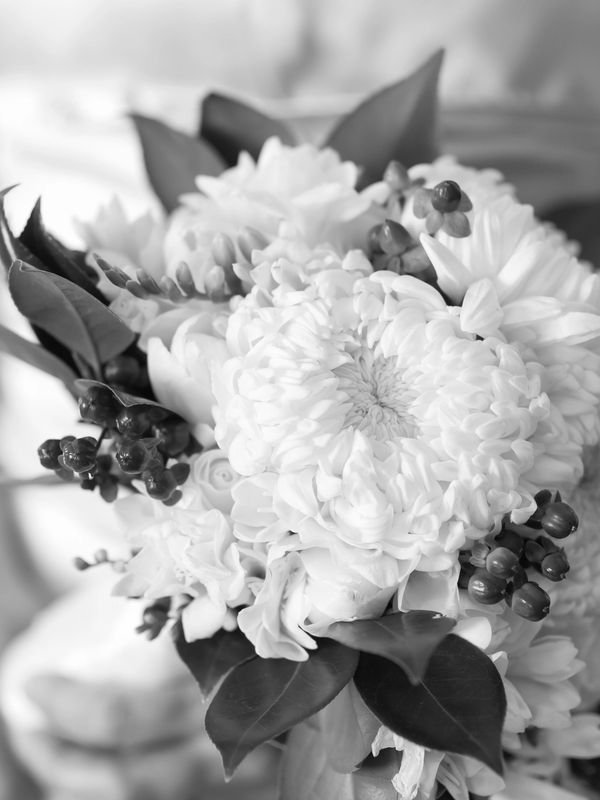 Black and white image of a brides bouquet