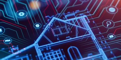 Digital blueprint of a house with smart technology icons.
