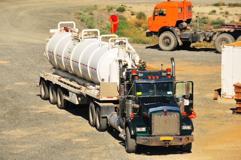 A vacuum truck used to transport drilling fluids (drilling mud) to the drilling rig site.