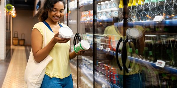 Woman shopping for dairy products at a refrigerated grocery aisle.