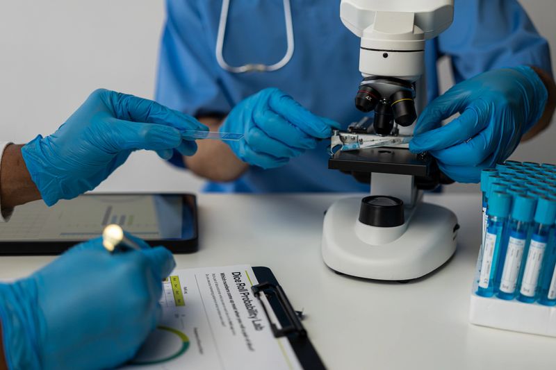 Two scientists working together analyzing chemicals in a flask and microscope discussing problems. Advanced science laboratory for medicine. Biotechnology in modern medical research laboratories: