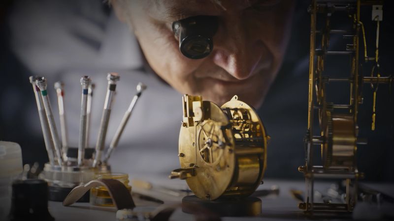 A mature male watch maker wears a magnifying glass while examining the gear of a wristwatch at a repair shop