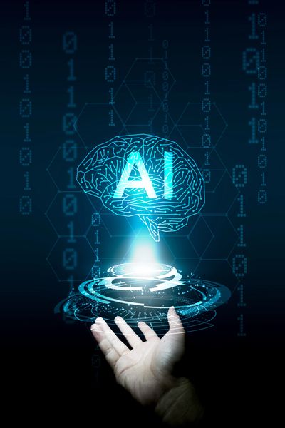 AI brain and open hand with coding background