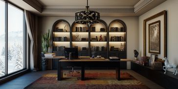 Elegant home office with a large desk and backlit shelves.