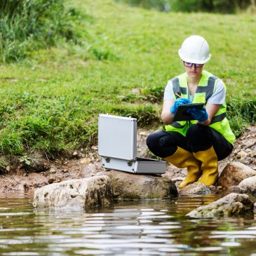 Environmental scientist collecting water samples by the river.