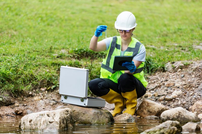 Mature woman collected river water sample for analysis in a test tube and recorded the experimental results in the tablet. Environmental research.