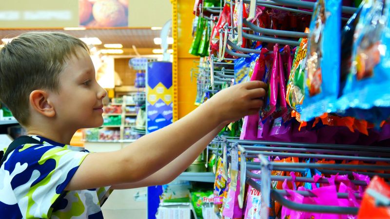 Many colorful packages of gummies hanging in a supermarket and a happy smiling boy chooses one