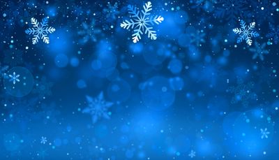 Blue background with glowing snowflakes and bokeh lights.