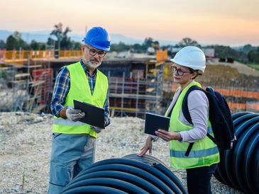 Two construction workers reviewing plans at a building site during sunset.