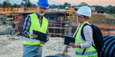 Two construction workers reviewing plans at a building site.
