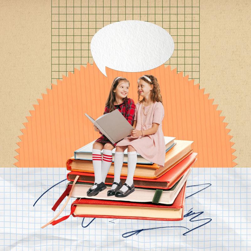 Conceptual art collage. Beautiful, cute little girls, children sitting on books, smiling, reading stories and studying. Concept of education, childhood, school, back to school, emotions, ad