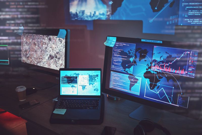 Computer, location hacking and cybersecurity, hologram screen with software for futuristic technology in office. Data protection, overlay and dashboard tech, virtual reality map and satellite info.