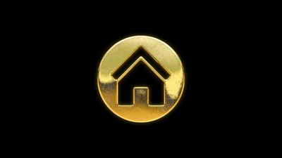 A gold circular house icon symbolizing tokenized real estate, digital property ownership, blockchain
