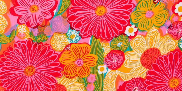 Bright, colorful floral pattern with red, orange, and yellow flowers.