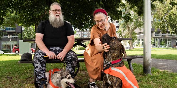 Two people with dogs wearing orange safety vests in a park.
