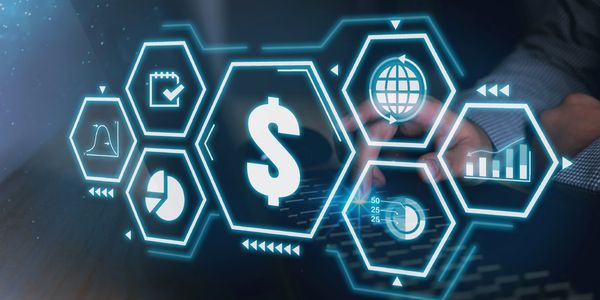 Digital finance and analytics icons with a dollar sign.