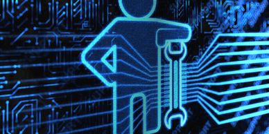 Digital icon of a person holding a wrench on a blue circuit board background.
