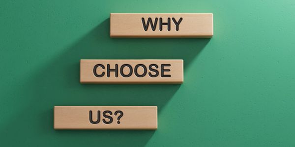 Wooden blocks spell out 'Why Choose Us?' on a green background.