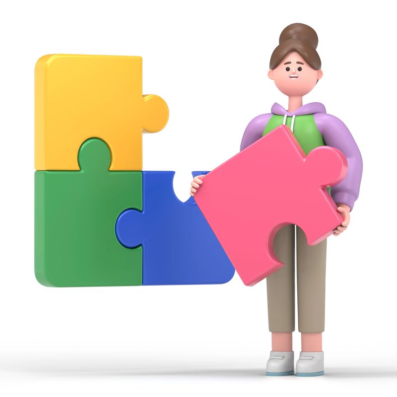 3D illustration of Asian girl Renae holding puzzle piece, cartoon character thinking, trying resolve the problem.3D rendering on white background.