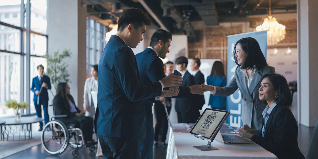 Business professionals registering at a conference desk with QR code for online registration.