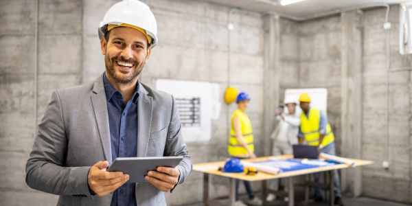 Smiling construction manager holding a tablet at a worksite.