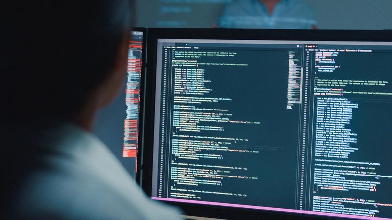 Closeup young Asian man software developers mentor leader manager talking to executive team analyzing source code in office at night. Programmer development concept.