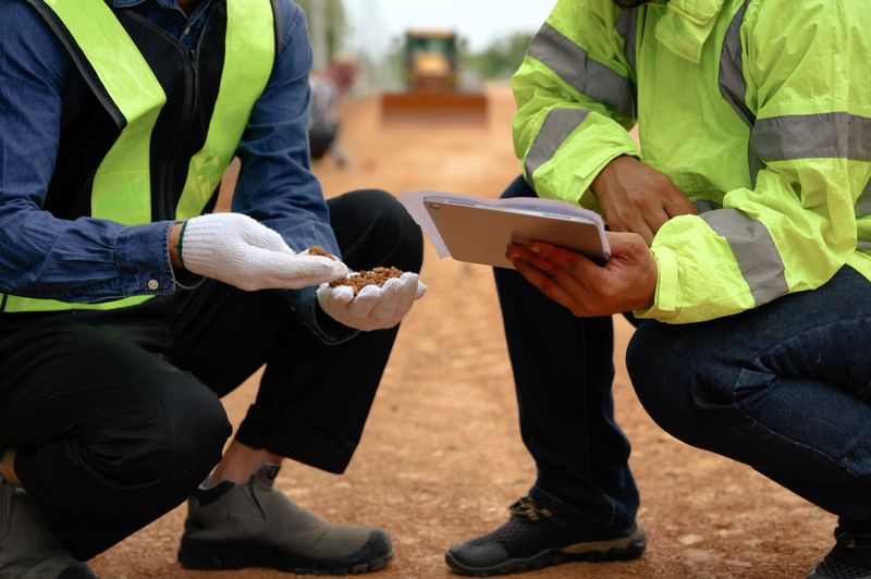 Hands of civil engineers touching and inspecting laterite soil for construction improvement base road work. Engineer Construction inspector job concept.