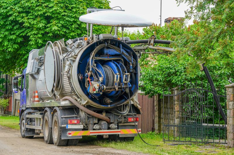 Truck mounted combined vacuum suction and canal jetting machine in action in municipal utilities, water spray jets and suction machine