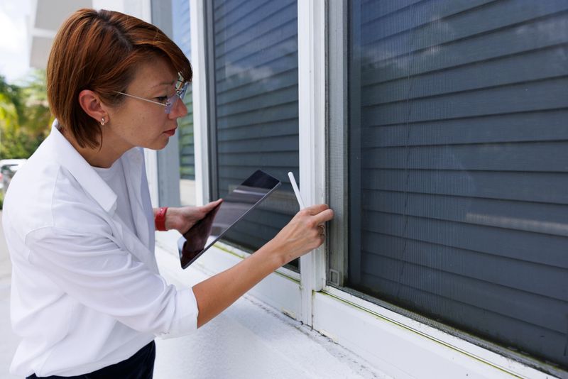 Female claim agent in glasses inspecting outdoor windows leakage for mold and moisture damage.