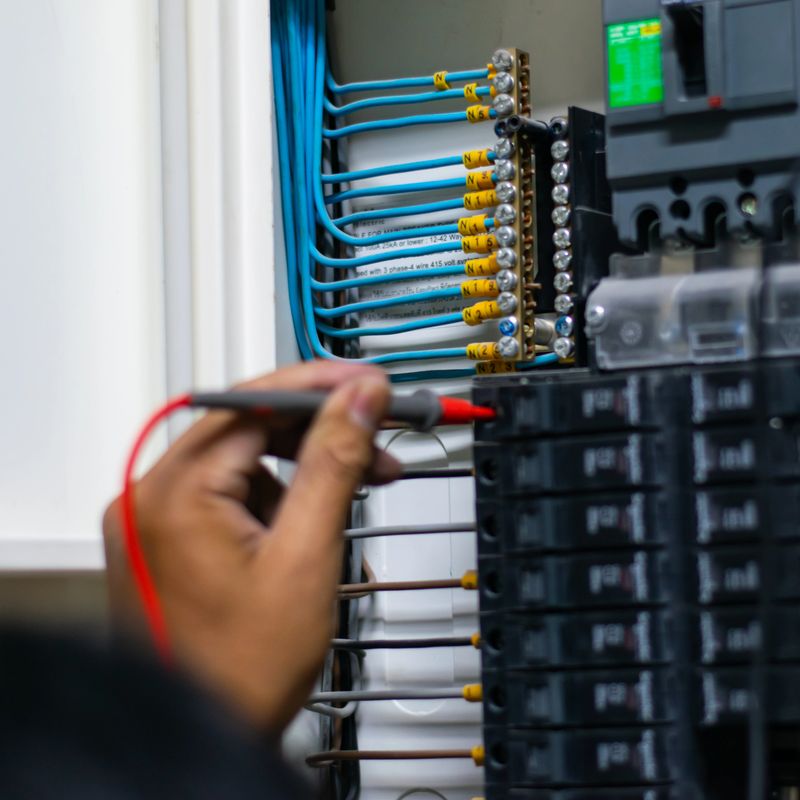 Electrician work tester measuring voltage and current of power electric line in electrical cabinet control, Professional man uses tool commissioning test or checking circuit for protection system.