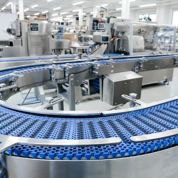 Curved blue conveyor belt system in a bright industrial factory setting.