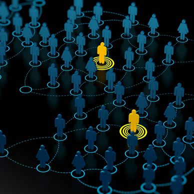 Digital network showing interconnected people with two highlighted in yellow.