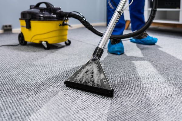 Professional carpet cleaning with a steam cleaner on a gray carpet.
