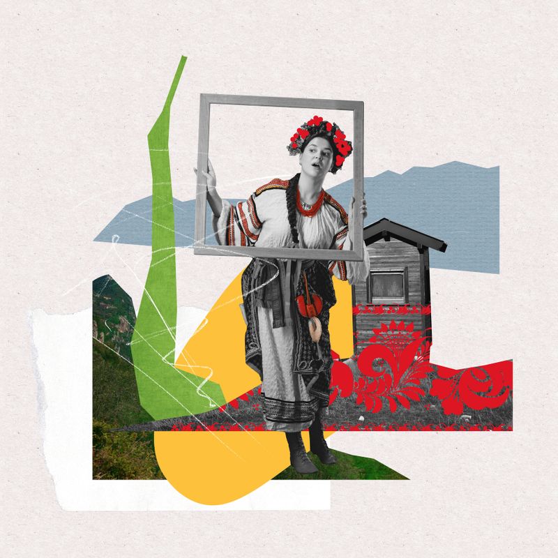 Young woman, ukrainian girl looking out from picture frame. Country view, traditions. Contemporary art collage. Concept of creativity, surrealism, history, fashion, ukraine, retro and vintage, ad