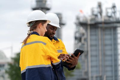 Two engineers in yellow jackets using a tablet.