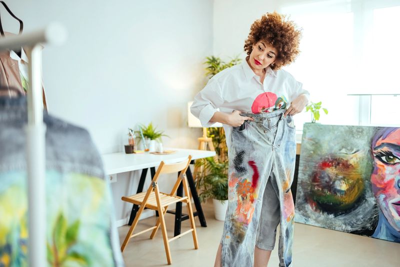 Female artist working in her studio with a unique wardrobe