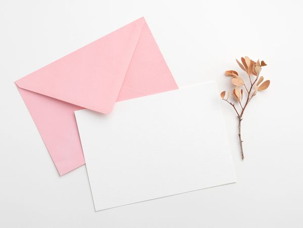 Blank white card with a pink envelope and dried branch on a white surface.
blog updates, news & tips