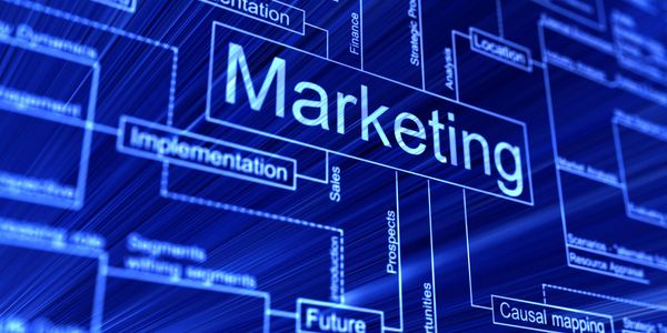 Digital marketing strategy flowchart with key concepts and processes in blue.