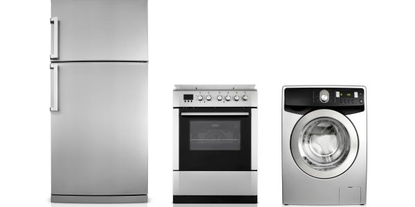 Modern kitchen appliances including refrigerator, oven, and washing machine.
