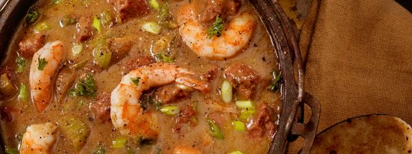 Shrimp and sausage gumbo served with rice and toasted bread.