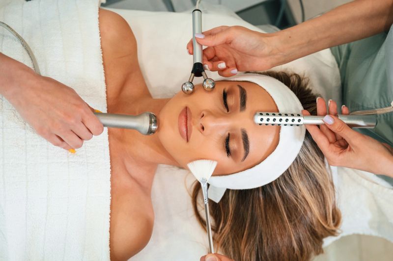 Many of different cosmetitian tools. Woman face getting facial care by beautician hands at spa salon.