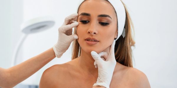 Woman undergoing a facial skin examination by a professional.