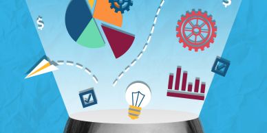 Illustration of ideas, charts, and gears emerging from a person's head.