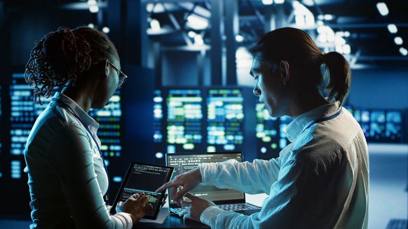 Engineering colleagues running code on tablet and laptop, updating professional data center equipment designed to accommodate server racks, networking gadgets and storage arrays
