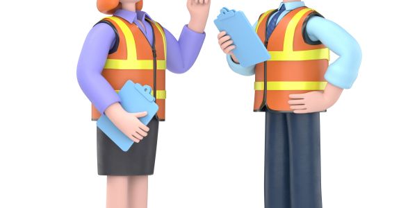3D cartoon figures in safety vests holding clipboards, discussing work.