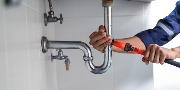 Plumber fixing a pipe under a sink.